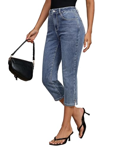 luvamia Distressed Denim Capris for Women Womens Distressed Capri Jeans Capri Pants for Women Bay Blue Large Fits Size 12-14