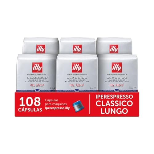 illy, Cápsulas de Café Iperespresso CLASSICO Lungo, 100% Arábica con Notas de Azahar y Jazmín, Sabor Suave y Sabor Final Dulce, 6 Paquetes de 18 Unidades (108 Cápsulas)