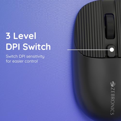 Image of Zebronics Freego Pro Wireless Mouse, 2.4GHz, Up to 1600 DPI, 3-Level DPI Switch, 4 Buttons, USB Nano Receiver, High Precision, Power Saving Mode, Ergonomic Design, Multi-Surface Support (Black)