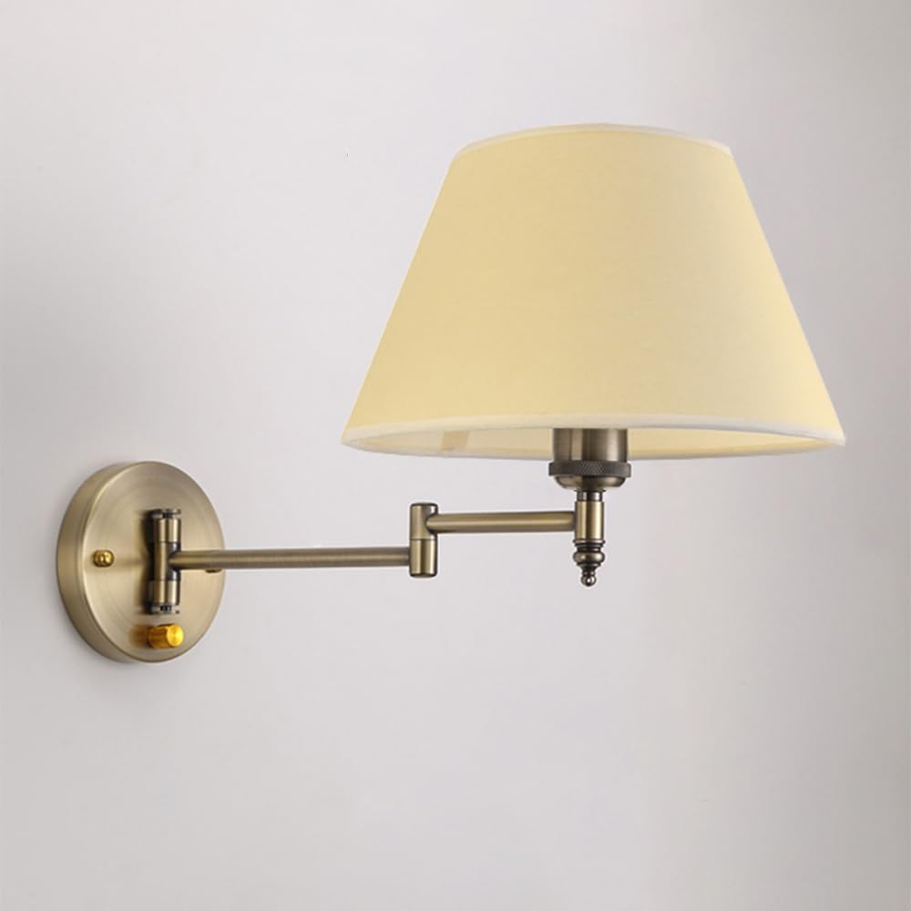 Złota lampa ścienna LED z uchylnym ramieniem, lampka nocna do sypialni, salonu, przedpokoju, wejścia, nowoczesna metalowa lampa z abażurem z tkaniny, podstawa E27