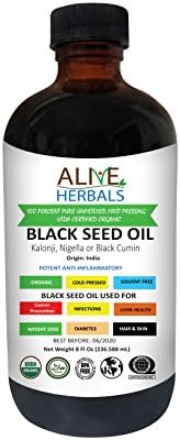 Alive Herbals Black Seed Oil Organic Cold Pressed 8 oz - 100% Raw, Unfiltered, No Preservatives & Artificial Color.