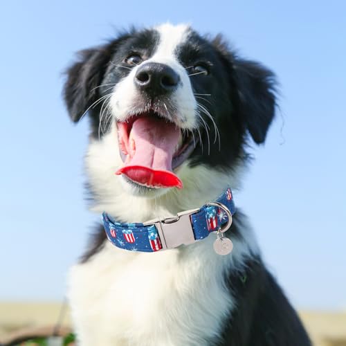 Image of 4th of July Dog Collar, Patriotic Dog Collar, American Flag Collars for Puppy Boy Girl Dogs or Cat, Comfortable Summer Collars with Metal Buckle, L