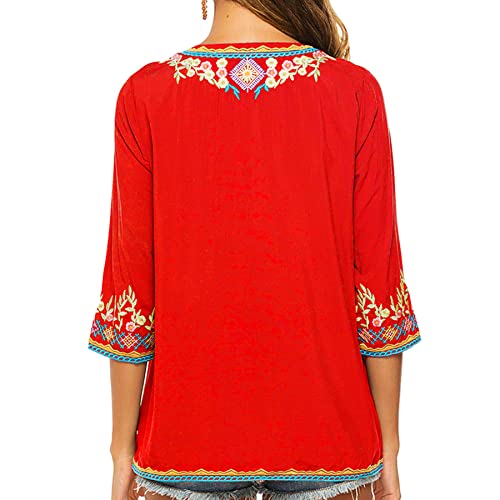 Lauraklein Women's Boho Embroidered Peasant Tops 3/4 Sleeve V Neck Mexican Bohemian Shirts Tunics Blouses (Red, Medium) #TOP4