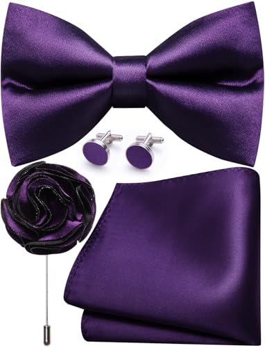 Ailisus Purple Bow Ties for Men Pre-tied Silk Bowtie and Pocket Square Cufflinks Lapel Pin Set Tuxedo Wedding Party 4PCS