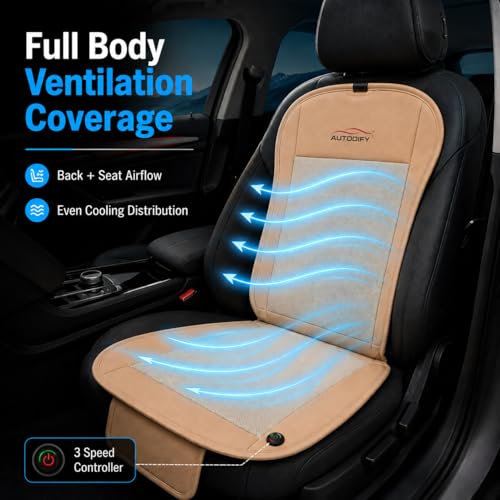 Image of Car Ventilated Cooling Seat Cushion Cover with 10 Powerful Fans & 3 Adjustable Cooling Levels, Breathable Fabric + Beige Leather Universal Fit for All Cars, Large Airflow