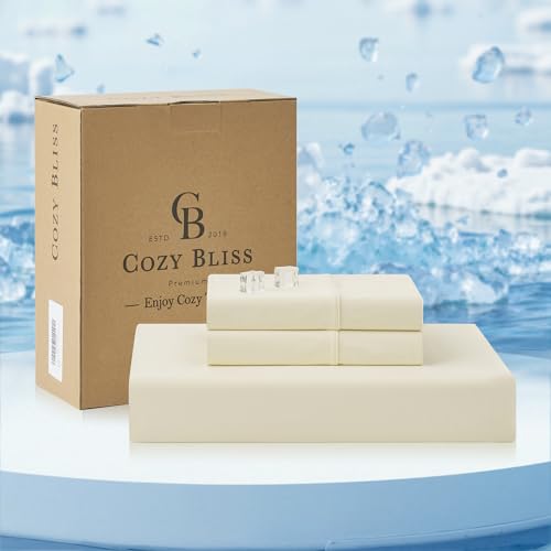 Cozy Bliss Premium Cooling Sheet Set Full Size, Q-Max>0.4, 3PCS No Flat Sheet with 2 Pillowcases, Breathable Fitted Sheet for Hot Sleepers & Night Sweats, Deep Pocket Up to 18 Inches, Cream White