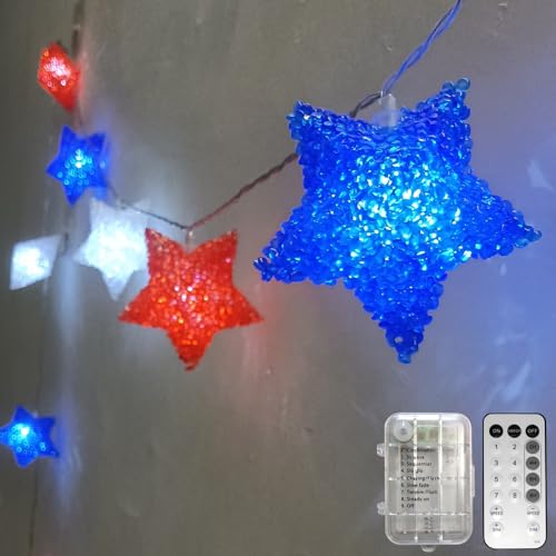 Guirlande lumineuse patriotique à piles avec minuteur à distance - Fonctionne avec piles - 2 m - Rouge/blanc/bleu