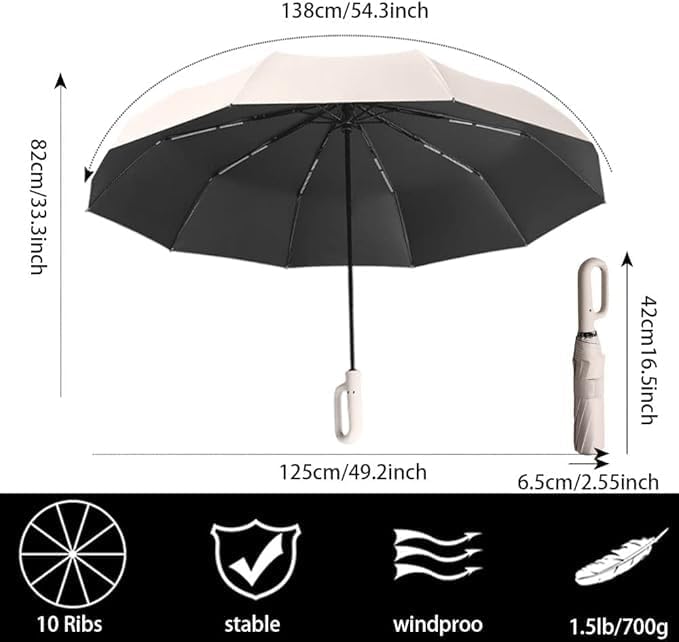 PRANIJ 3-Fold Compact Travel Golf Umbrella with Carabiner Handle | Auto Open-Close 10 Dual Rib Windproof Design | UV Protection Portable Umbrella for Rain/Sun for Car, Travel, Outdoor (Soft Beige) 4