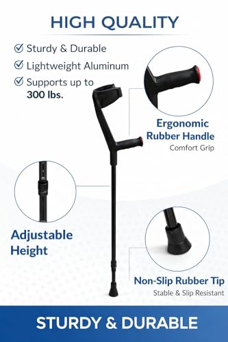 Image of 4-Leg Medical Walking Aid for Old People Adjustable Height Heavy Duty Lightweight Walking Stick for Senior Citizen & Patients Anti-Slip Base High Mild Steel (Black Elbow Crutch)
