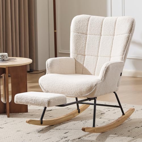 Image of Furniliving Nursery Rocking Chair Modern Armchair Upholstered Glider Rocking Chair Accent Chair with Retractable Footrest Reading Chair with High Backrest Solid Wood Base for Bedroom, White, Teddy
