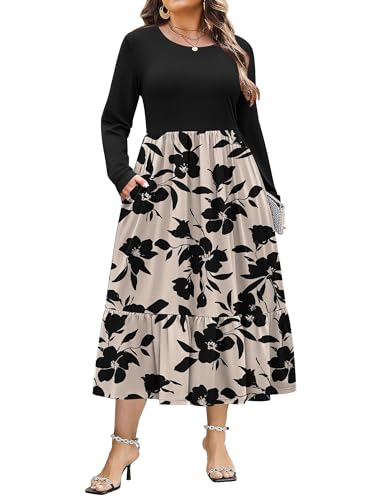 IN'VOLAND Women Plus Size Casual Long Sleeve Crew Neck Fall Dress Floral Flowy Maxi Dresses Tiered...