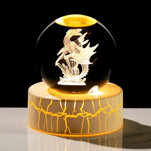 Image of Movdyka Crystal 3D Gothic Dragon 2.36in Ball Figurine Gifts for Men Him, Collectible Ornaments Sphere with Warm Light Base for Dragon Statue Lovers on Birthday