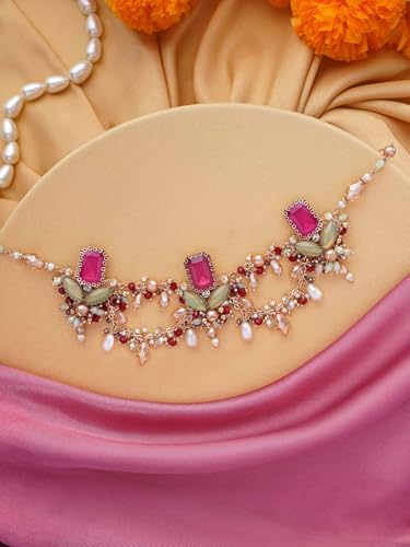 Image of SANJOYA Gold Plated Traditional Embroidered Jewellery for Women & Girls | Stone Studded Wedding, Festive, Mehendi, Sangeet Collection | Necklace, Earrings, Maang Tikka, Bracelet & Ring