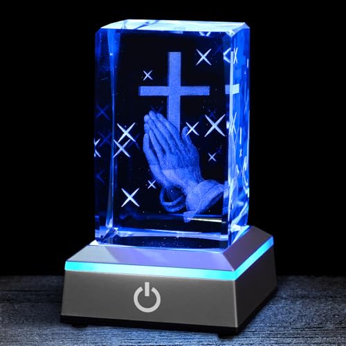 Image of 3D Praying Hands Crystal Night Light with Multicolor LED Base Glass Laser Engraved Cross Figurine Religious Christian Gifts for Men Women Birthday Christmas Room Home Decor