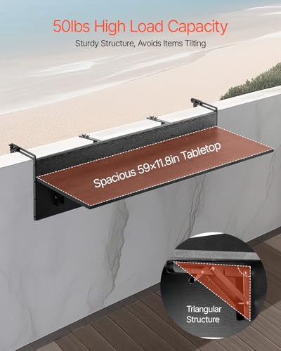 VEVOR Balkontisch, 1500x300 mm, klappbarer Balkonhängetisch, Klapptisch für den Außenbereich, 22 kg Tragkraft, passend für Geländer von 2,54 bis 15 cm, Serviertisch für Terrasse und Deck