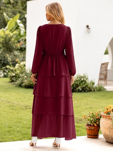 BerryGo Women's Chiffon Maxi Dresses A Line Long Sleeve High Waisted Tiered Swing Holiday Vacation Semi Formal Dress(Wine Red,Large) — view 6
