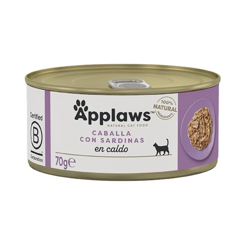 Applaws Comida Húmeda Natural de Caballa con Sardina en Caldo para Gatos Adultos - Pack Contiene 24 latas de 70g