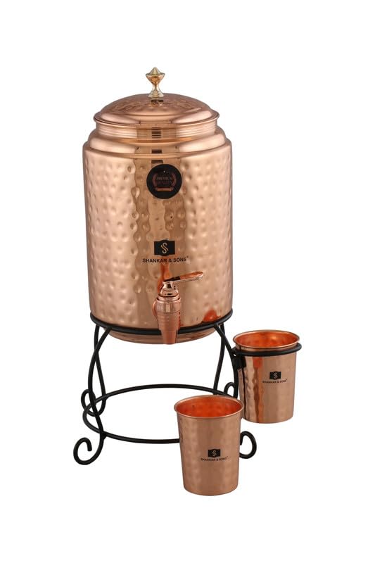 Image of SHANKAR & SONS 5 Litre Copper Water Dispenser Pot with Black Iron Stand and 2 Glasses | Hammered Texture, Non-Toxic, BPA Free with Added Health Benefits Traditional Matka for Drinking Water
