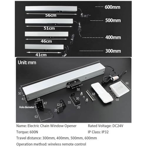 Actionneur de fenêtre électrique 24 V - Entraînement à chaîne lisse pour fenêtre de toit et aération de toit - Haute efficacité - Installation facile - Parfait pour un usage domestique et commercial