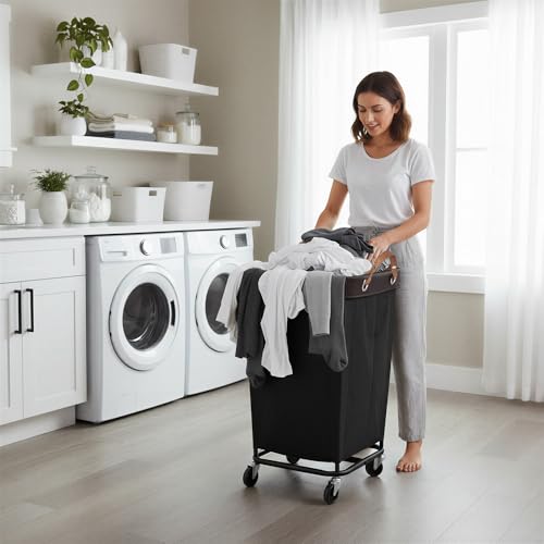 Image of StorageWorks Laundry Basket with Wheels for Clothes, 160L Black Hamper Cart