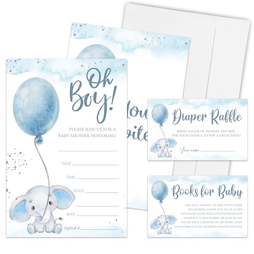 Baby Shower Invitation Set Of 25 - Oh Boy - Blue Watercolor Elephant Double-Sided Fill In Style Invites With Diaper Raffle & Book Request Cards - Baby Gender Reveal Announcement Party Decors - A08