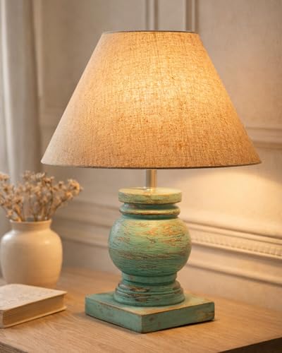 Image of Homesake Small Table Lamp with Green Wooden Base, E27 Holder Bedside Night Lamp for Bedroom Living Room, Decorative Study Desk Lamp Office, Warm Ambient Lighting for Home Decor, Gift, (Jute)