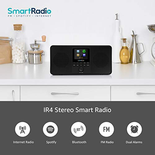 LEMEGA IR4 Stereo Portable Internet Radio,FM Digital Radio,WIFI,Spotify Connect,Bluetooth,Dual Alarms&Cock,Kitchen/Sleep/Snooze Timer,40 Pre-sets,Headphones,Built-in Battery and USB Powered-Pure Black