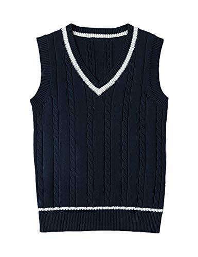 Uaneo Womens Casual Cable Knitted V-Neck Cotton Uniform Pullover Sweater Vest（Navy-L）
