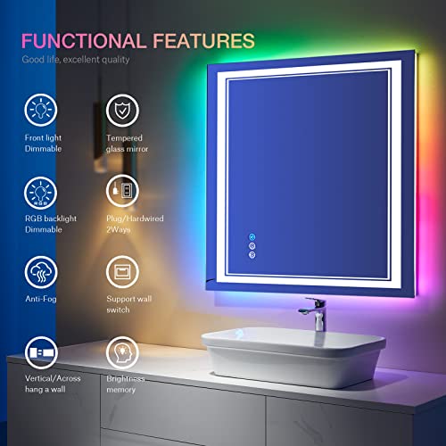 Istripmf 36X36 Inch Lighted Bathroom Mirror Rgb Color Changing Led Mirror Shatterproof Dimmable Anti-Fog Square Backlit Mirror (Rgb Multicolor Backlit + Adjustable Front-Lighted) #TOP1
