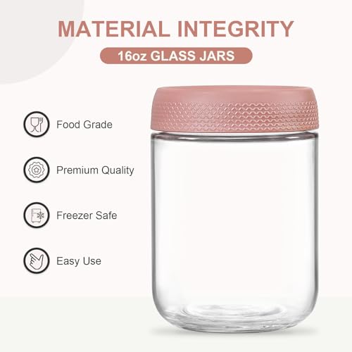 Image of NETANY 6-pack 16oz Glass jars with Airtight Lids, Overnight Oats Containers with Lids, Wide mouth Mason Salad jars, Glass Food Storage Containers for Snacks Yogurt Spice Sugar-Pink