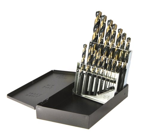 Drillco 400N Series Nitro 15 Piece High-Speed Steel Heavy-Duty Jobber Drill Bit Set, Black and Gold Oxide Finish, Round Shank, Spiral Flute, 135 Degrees Split Point, 1/16" - 1/2" in 1/32" increments