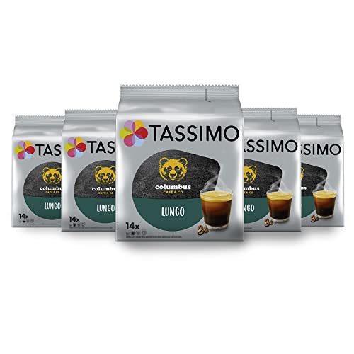 Tassimo, 70 Dosettes, Café Lungo Columbus, Compatibles avec les machines TASSIMO, 70 cafés Lungo, Equilibré et Onctueux, 5 packs de 14 dosettes