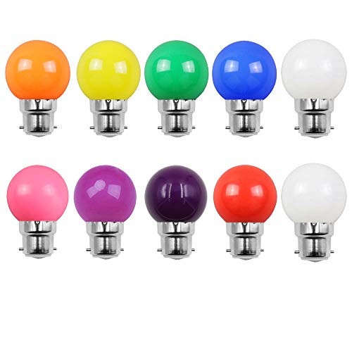WULUN 10 Pack 2W Coloured LED Light Bulbs Festoon Party Lights for Indoor Outdoor Use - Multi Color, 10colors, B22