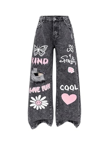 WDIRARA Girl's Cute Letter Graphic Ripped Jeans Straight Leg Distressed Denim Pants