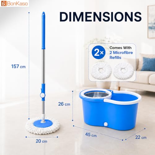 Image of Bonkaso 360 Spin Mop & Bucket Set with Stainless Steel Wringer, 45 Inch Mop Rod, Easy Drain Plug, 2 Microfiber Refills, Wet & Dry Floor Cleaning Mop for Home Kitchen Bathroom Office, Blue