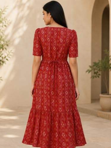 Image of Sun Fashion And Lifestyle Chanderi Printed Dress for Women | Western Dresses for Women | One Piece Midi Dress | Fit and Flare Dress | A-line Dress (KT74 Blue)