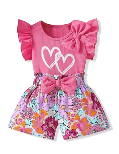 Image of 3-8 T Toddler Girls Clothing Set Ruffle Sleeve Bow Tie Top + Floral Shorts Set
