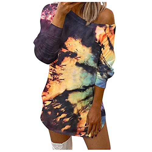 NNAA Women s Cold Shoulder Reverse Tie Dye Sweatshirts Dress Long Sleeve Color-Blocking Letter Print Long Blouse