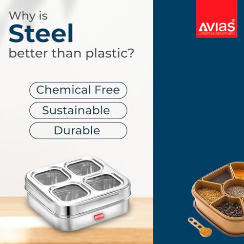 Image of AVIAS 4 Square Stainless Steel Masala Box for Kitchen, Spice Box with See-Through Lid, 4 Containers Masala Dani /Dabba, Dry Fruit Organiser, Food Grade Rust-Free Steel, Design 17.5cm, Silver