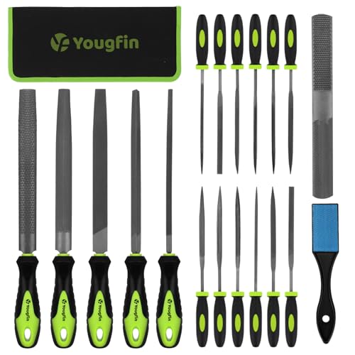 Yougfin 19 pcs File Set, Includes 5 pcs Large Steel Files, 12 pcs Jewelers File Set and Wire Brushes Ideal Hand File Tools for Woodwork, Metal, Model Applications