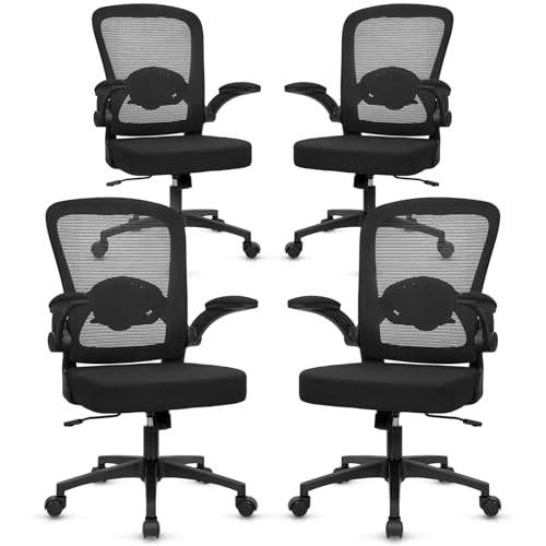 Image of KLASIKA Desk Chairs with Wheels, Ergonomic Mesh Back Home Office Chair Adjustable Lumbar Support and Height Swivel Rolling Computer Task Chairs with Flip Up Armrests for Conference Meeting, Black, 4PK