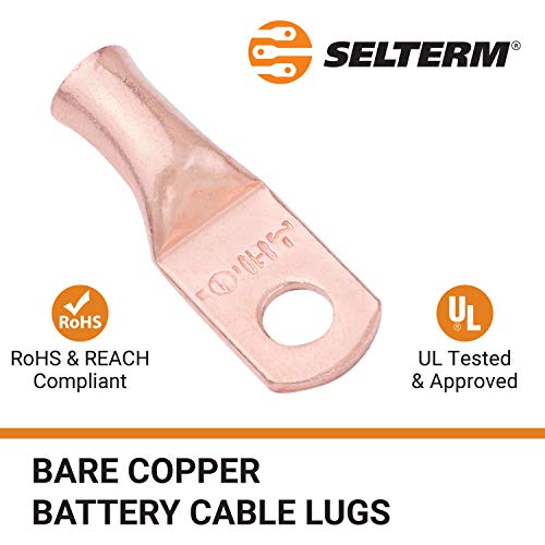 SELTERM 25pcs 8 AWG #10 Stud Battery Lugs, Ring Terminals, Heavy Duty Copper Wire Lugs, Battery Cable Ends, 8 Gauge Ring Terminal Connectors, UL Bare Copper Eyelets Electrical Battery Cable Lugs