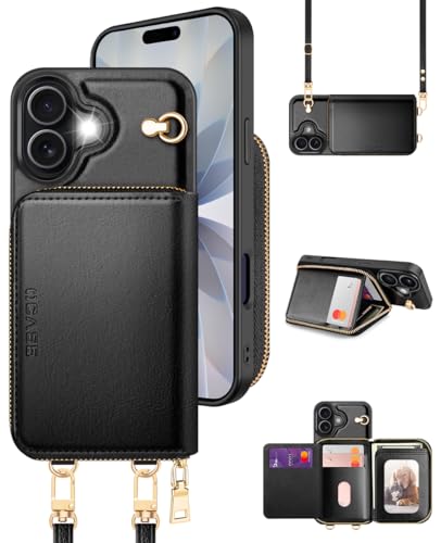Coque Portefeuille iPhone 17 en Cuir Premium avec Fermeture Éclair et Porte-Cartes RFID Noir