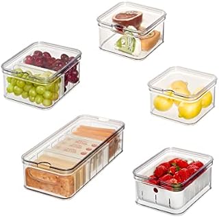 iDesign Pojemniki do przechowywania, organizery do lodówki z pokrywką, zestaw 5 sztuk, z tworzywa sztucznego pochodzącego z recyklingu, akcesoria kuchenne do przechowywania świeżości, przezroczyste i