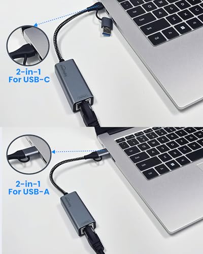 Image of 2.5G USB Ethernet Adapter 2-in-1, Aluminum Fast USB-C&USB-A to RJ45 Network Adapter Compatible with Laptop /PC, Windows, Mac, Linux,Plug & Play