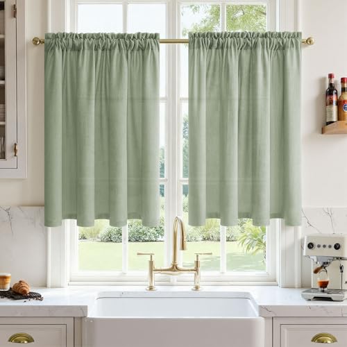 MRTREES Rideau Petite Fenetre Effet Lin Vert Sauge, Rideau Cuisine Brise Bise L 60 x H 90 cm Passe...
