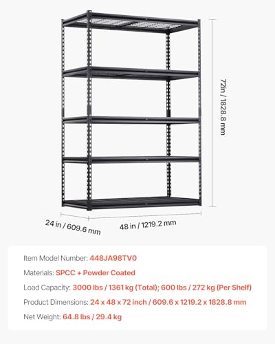 Image of VEVOR Storage Shelves, 3000 lbs, 5 Tier Heavy Duty Garage Shelving, 24 inch D x 48 inch W x 72 inch H Adjustable Metal Shelves for Industrial Shelving Unit Utility Shelf, for Kitchen, Warehouse, Basement, Black