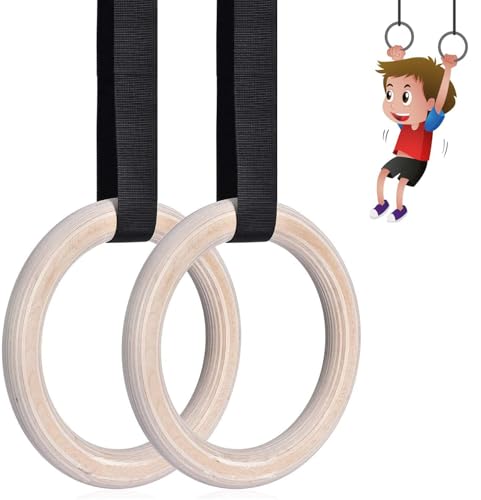 Image of Wooden Rings with Heavy Duty Adjustable Strap for Kids | Indoor Outdoor Kids Play Gym Set | Gymnastic Toys for Boys and Girls