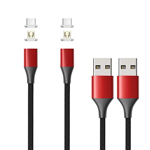 NetDot Gen10 3 in 1 Nylon Braided Magnetic Fast Charging Cable with Side LED Compatible with Micro USB & USB-C Smartphones Come with 3 Connectors Each Cable(3.3ft/2 Pack red)