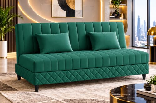 Image of 3-Seater Velvet Sofa Cum Bed | Tufted Convertible Sleeper Sofa | Plush Cushioned Seating | Space-Saving Design for Living Room, Bedroom & Office | Green